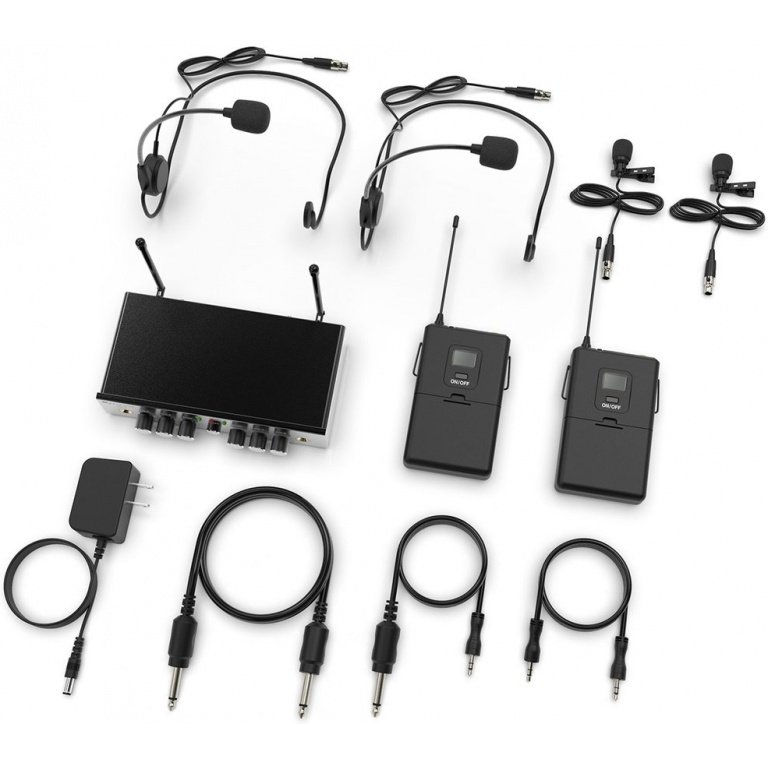 Fifine K038 Wireless Microphone System with UHF Dual Channel Wireless Microphone Set with 2 Headsets & 2 Lapel Lavalier Microphones