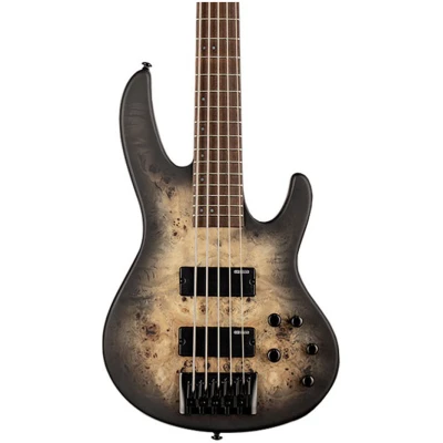 ESP LTD D Series 5-String Bass Electric Guitar, Burled Poplar Top, Black Natural Burst Satin Finish